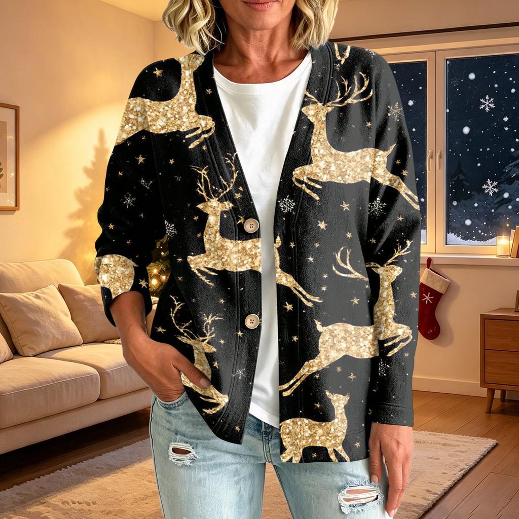 Women's Fashion Casual Button Front Christmas Print Coat