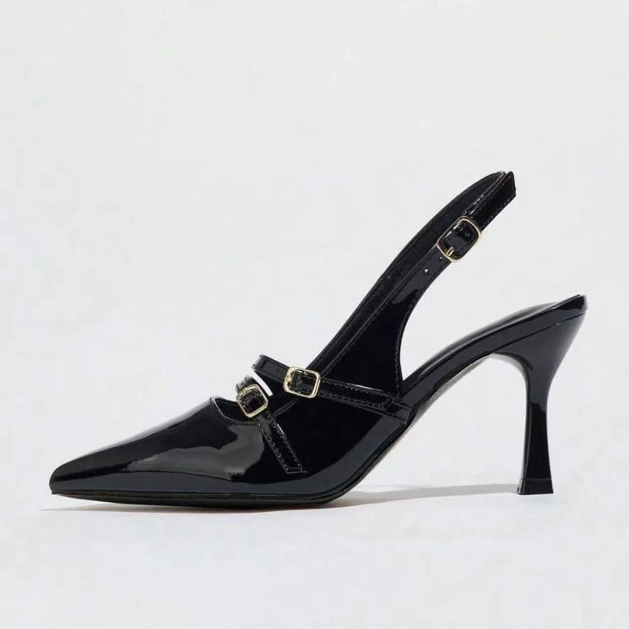 

Leisure Pumps Sandals Female Office Career Thin High Heels Pointed Toe Shoes for Women Leather Slip on Summer Sandals 43 чёрный