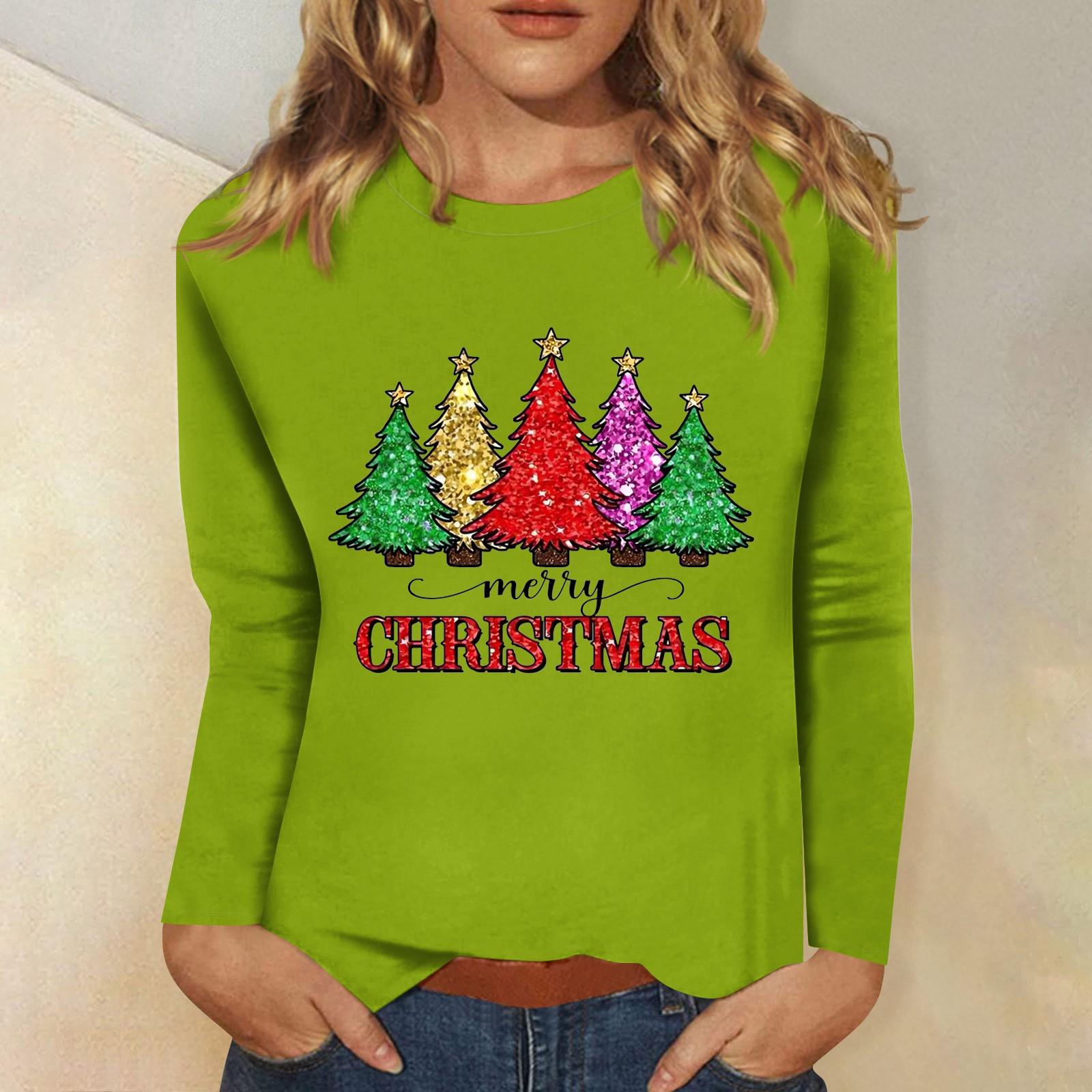 

Женский повседневный повседневный топ с длинными рукавами и рождественским принтом с круглым вырезом XXXXL зелёный