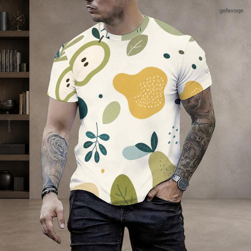 Mens Plus Size Round Neck Short Sleeve T Shirt White Fruit Leaf Printed Casual Tops