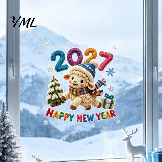 Festive Glass Window Clings Chinese New Year Stickers, 2027 Goat Static Clings, Reusable Cartoon Lamb Art Crochet Knit Decals, Decor for Home