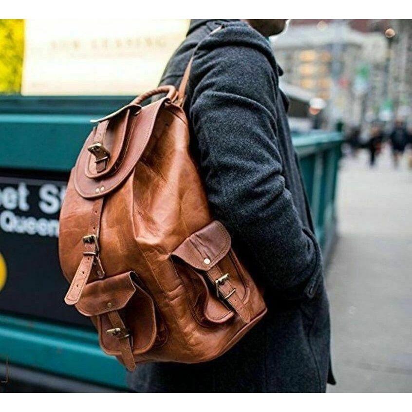 Leather Bag Goat Vintage Backpack Laptop Rucksack Genuine Travel Brown Men's New