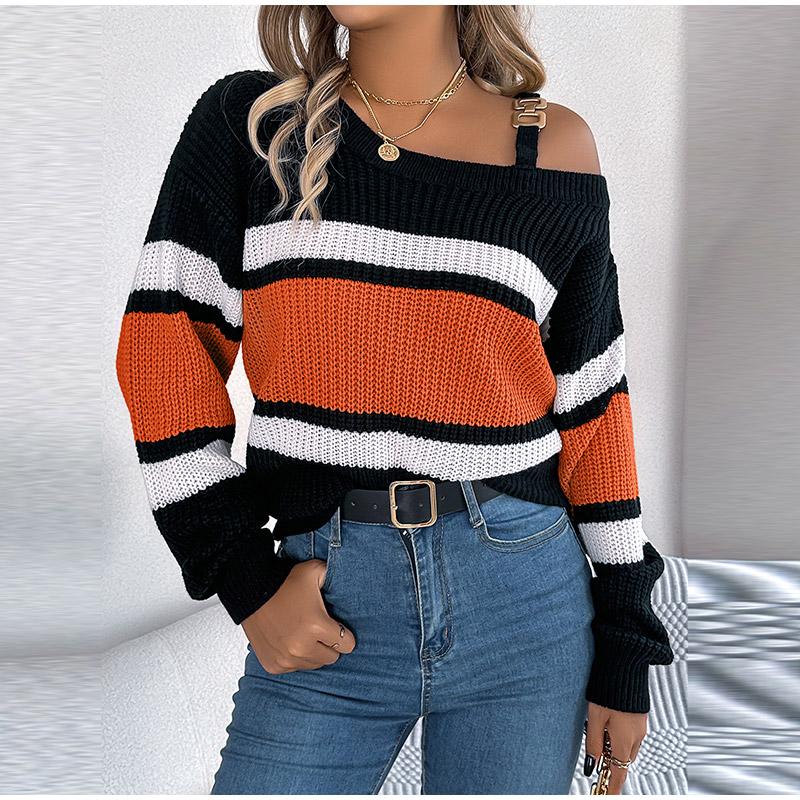 Сексуальный полосатый трикотажный пуловер с вырезом-лодочкой — фото 4