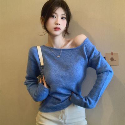 Blue Asymmetric Off-shoulder Sweater Knitwear Women's Autumn Winter Korean Chic Short Long Sleeve Base Layer Top