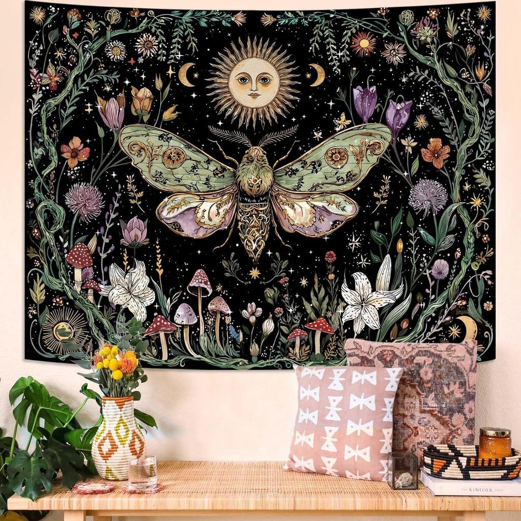Mystische Himmelsmotte Wandteppich, Boho Sonne Mond Pilz Blumendruck Großer Wandbehang für Schlafzimmer Wohnzimmer Ästhetische Dekoration