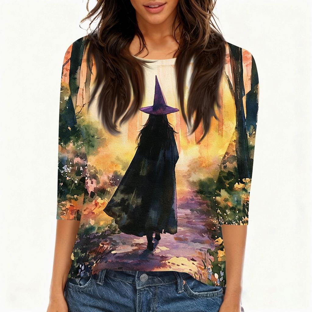 Women's Casual Halloween Print Neck 3/4 Sleeve T-Shirt Top