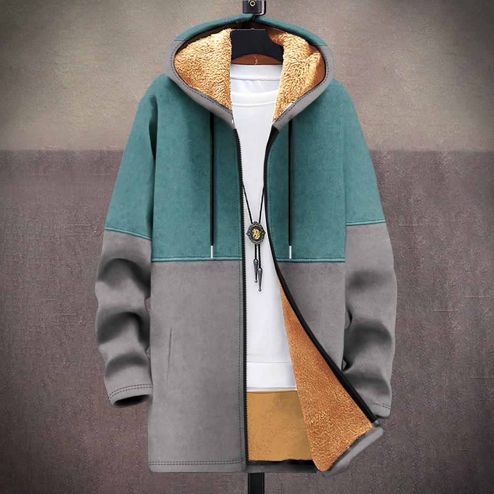 New jacket: multi-colored pattern elements, zipper hooded cardigan, thickened winter fleece padded clothes, yellow lining, trendy cotton clothes