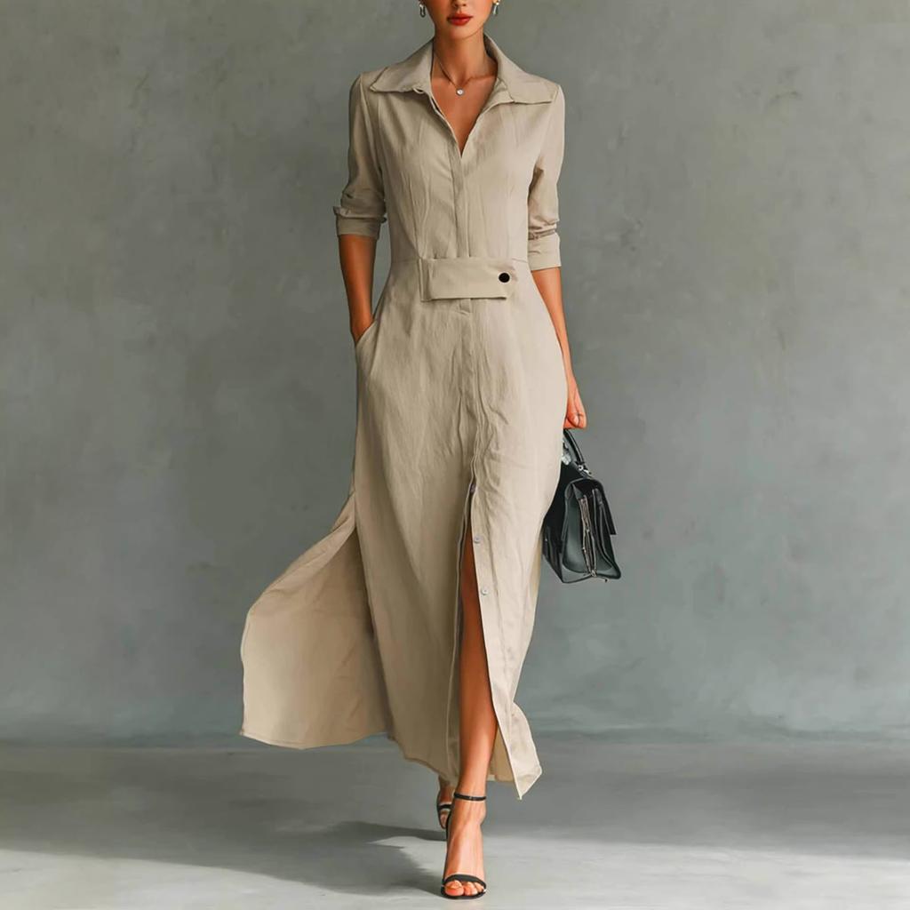 Women's Fashionable Color Lapel Long Sleeved Hem Slit Casual Shirt Dress