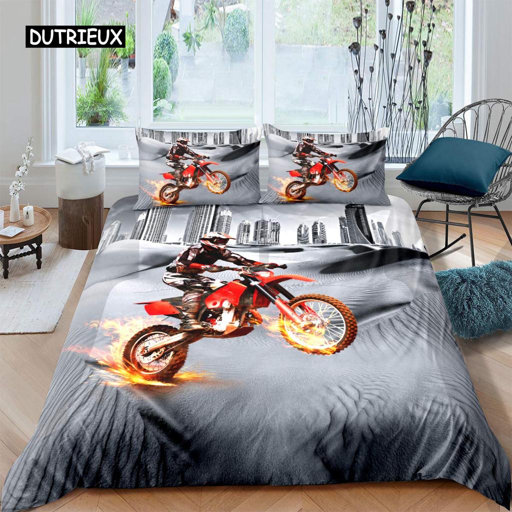 Dirt Bike Duvet Cover Set Motocross Racer for Kids Teens Extreme Sports Style Polyester Bedding Set Bedclothes Double Queen King