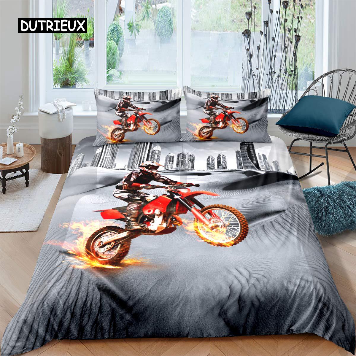 

Dirt Bike Quilt Cover Collection Motocross Racer for Kids Teens Extreme Sports Style Sturdy Polyester Bed Linen Collection Bedclothes Full Size Queen EU single(135x200cm)