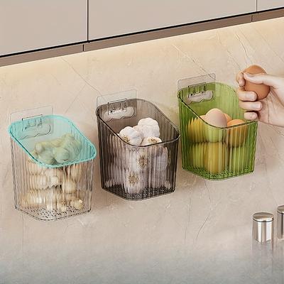 3pcs Wall-mounted Ginger & Garlic Storage Boxes, No-drill, Visible Plastic Baskets, for Kitchen & Bathroom, Home & Commercial Use
