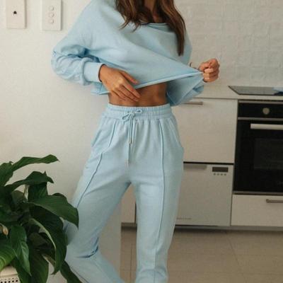 Women Solid Color Long Sleeve O-Neck Hoodies Suit Autumn Winter Loose Top Wide Leg Short Pants