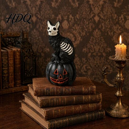 Tabletop Halloween Figurine Skull Black Cat Pumpkin Figurine Gothic Statue with Hollow