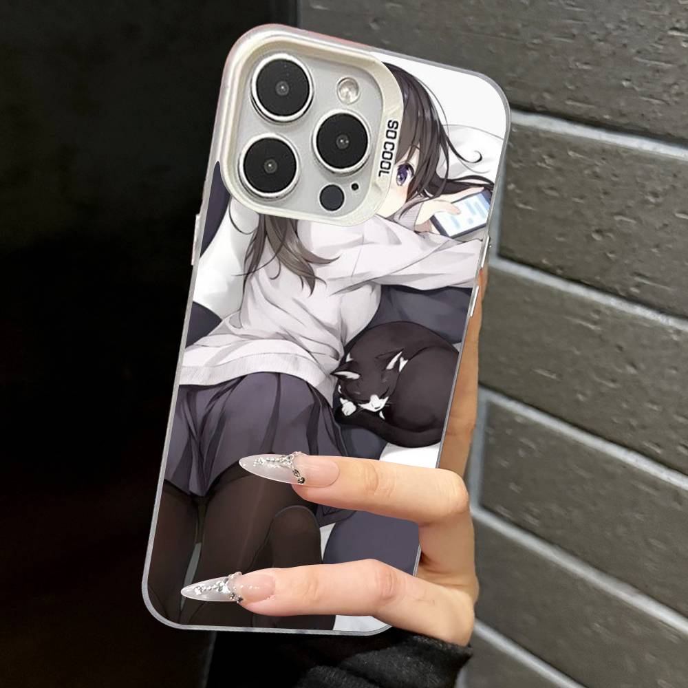 Cute Cartoon Japanese Anime Girl Colored Silver Frosted For iPhone Phone Case 17 16 15 14 13 12 11 Pro Max XR Plus Shockproof