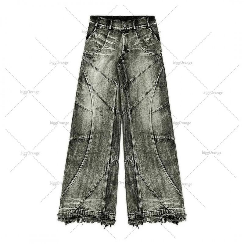 Vintage Gothic Wide-Leg Distressed Washed Denim Jeans Men 2025 Casual Straight Fit