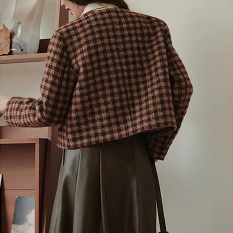 Giacca Corta Casual Antivento da Donna Autunnale a Girocollo Maniche Lunghe con Stampa a Quadri