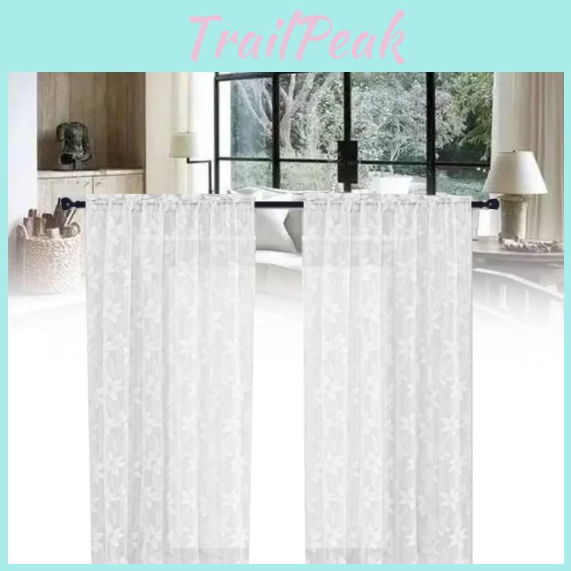 White Floral Lace Sheer Curtains For Daily Bedroom Kitchen Decoration Set Of 2