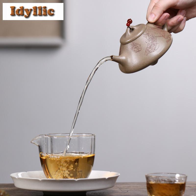 190ml Yixing Purple Clay Teapots Handmade Stone Scoop Pot Raw Ore Green Section Mud Tea Maker Kettle With Strainer Zisha Tea Set