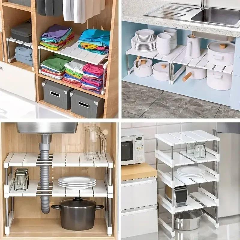 Stackable Storage Rack Wardrobe Layered Partition Rack Closet Sorting Shelves Telescopic Sink Holder Wardrobe Clothing Organizer
