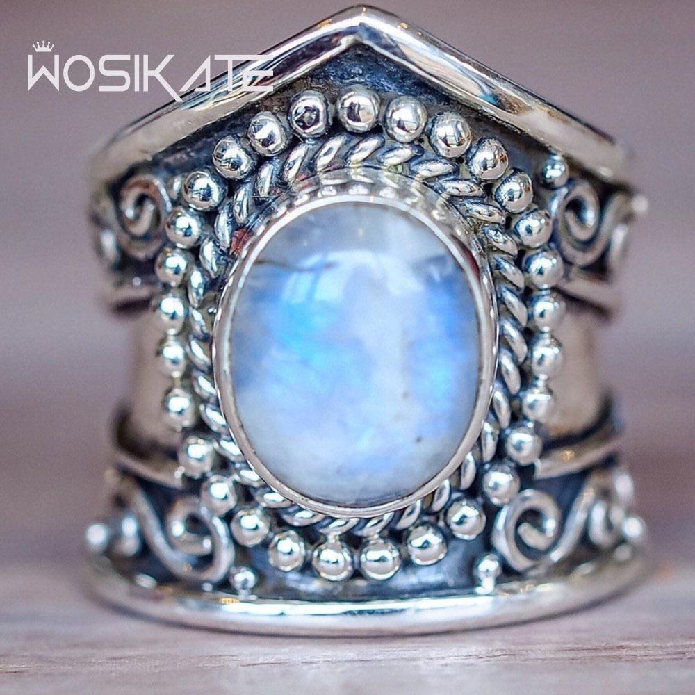 WOSIKATE Vintage Moonstone Thai CopperRing For Women Black Agate Turquoise Finger Ring Fashion Jewellery Drop Shipping