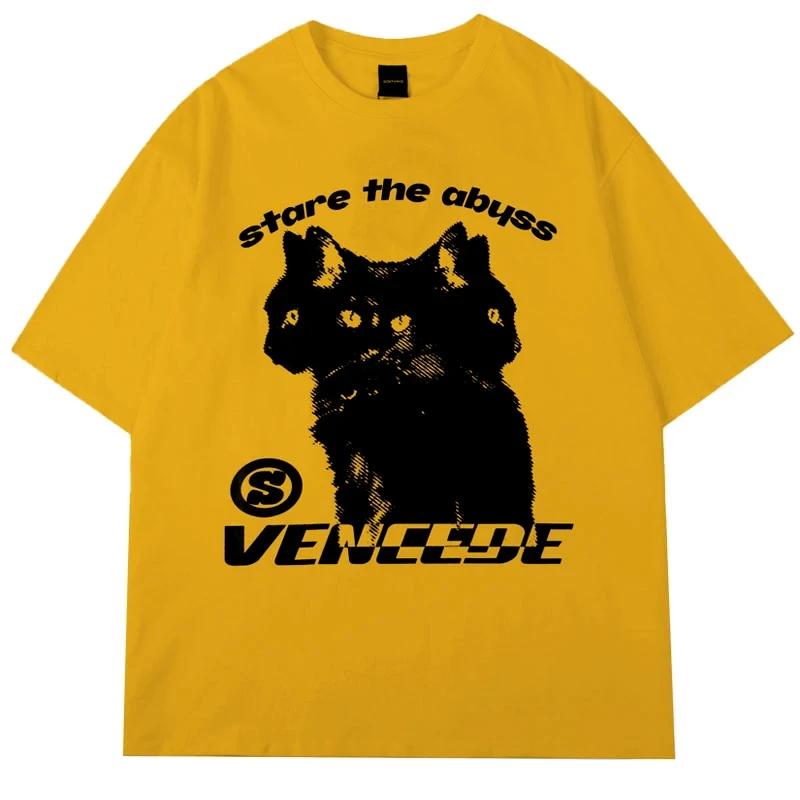 

Летняя мужская хлопковая футболка, модные топы, футболки, мужская повседневная футболка с коротким рукавом в уличном стиле с рисунком кошек и бездны, унисекс 4XL