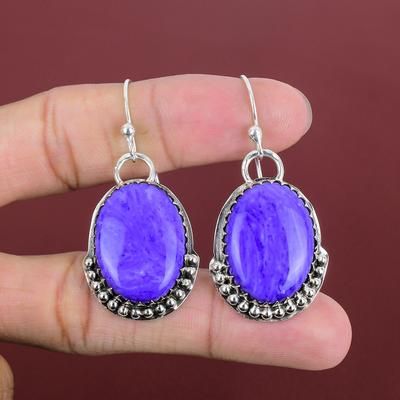 Σκουλαρίκι Charoite Σκουλαρίκια από φυσικούς πολύτιμους λίθους Χειροποίητο κόσμημα Ασημένιο σκουλαρίκι 925 Κομψό κόσμημα Θεραπευτικό πέτρινο σκουλαρίκι Δώρα για γυναίκα