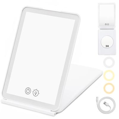 Espelho de Maquilhagem de Mesa MuGaoDee LED Brilho Contínuo 3x Dobrável de Mesa Tátil Memória Ajustável Portátil Perfeito para e Toucador [Luz Tricolor,