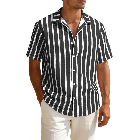 Men Striped Summer Shirt Short Sleeve Turndown Collar Button-up Shirt Casual Loose Fit Holiday Shirt for Beach Party Vacation Date