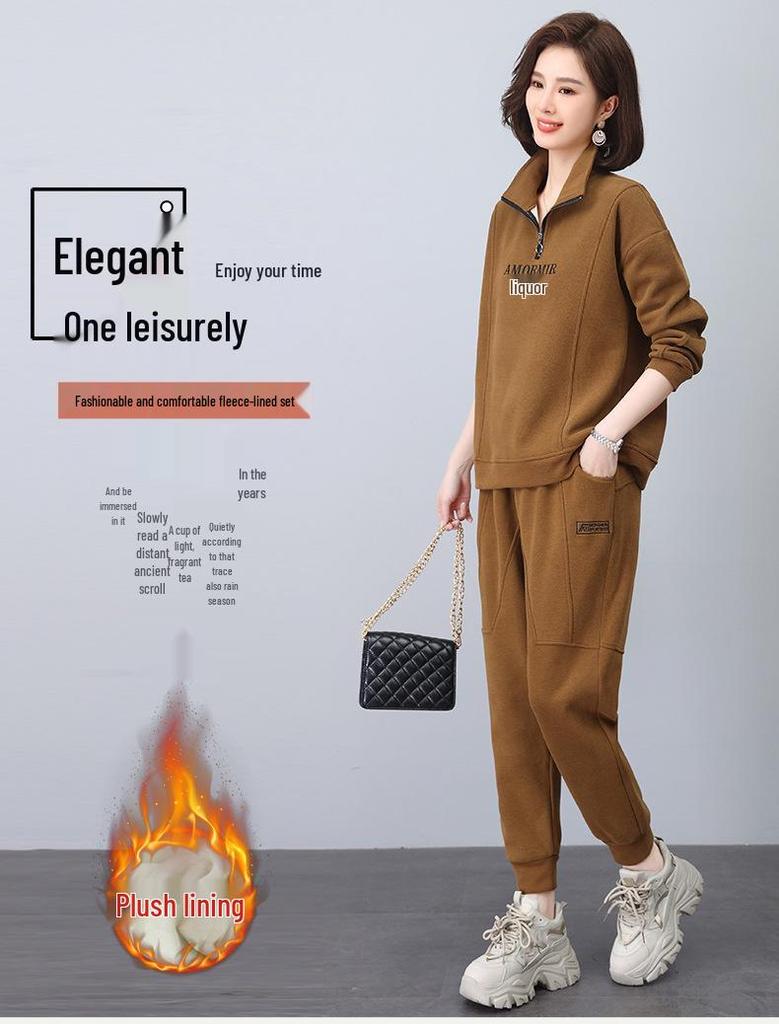 Set de hanorac pentru femei căptușit cu fleece: Modă Nouă Toamnă/Iarnă 2024, Croială Largă, Reducere Vârstă, Set Casual Sportiv din Două Piese pentru Mame de Vârstă Mijlocie