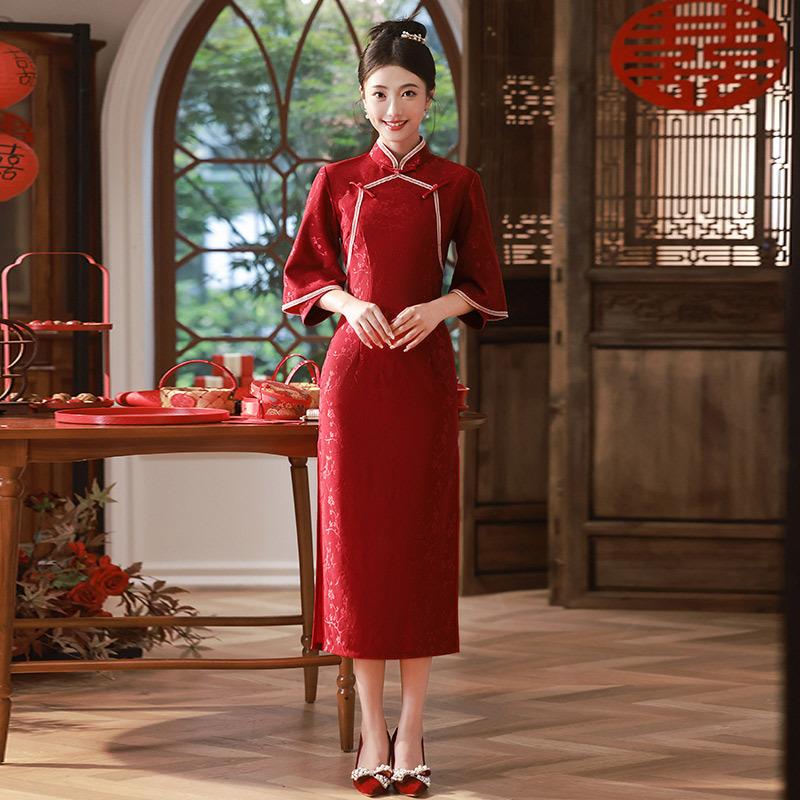 Red Lace National Style New Chinese Long Sleeve Improved Cheongsam Women s Premium Bridal Toast S