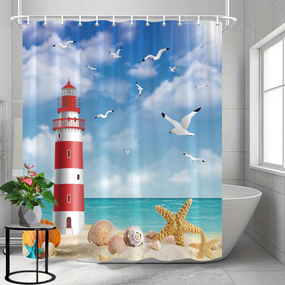 Coastal Lighthouse Shower Curtain, Beach Theme Shower Curtain with Blue Wooden Boats and Seagulls, Bathroom Decor with Hooks