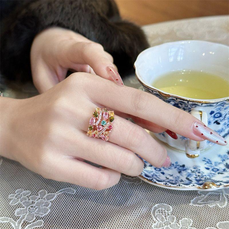 

Fashion Vintage Court Style Baroque Asymmetrical Candy-Colored Gemstone Zircon Micro-Inlaid Refined Zircon Bracelet Ring Candy Color Gemstone Ring
