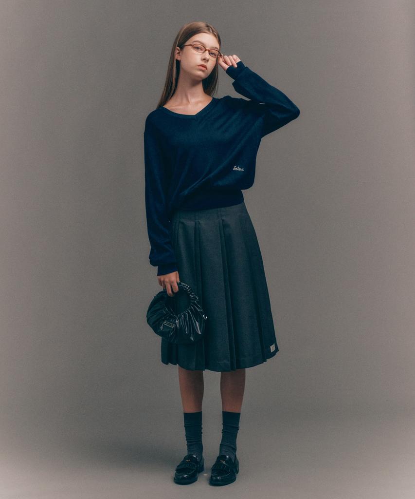 Seteo (W) V-Neck Fine Wool Knit Navy