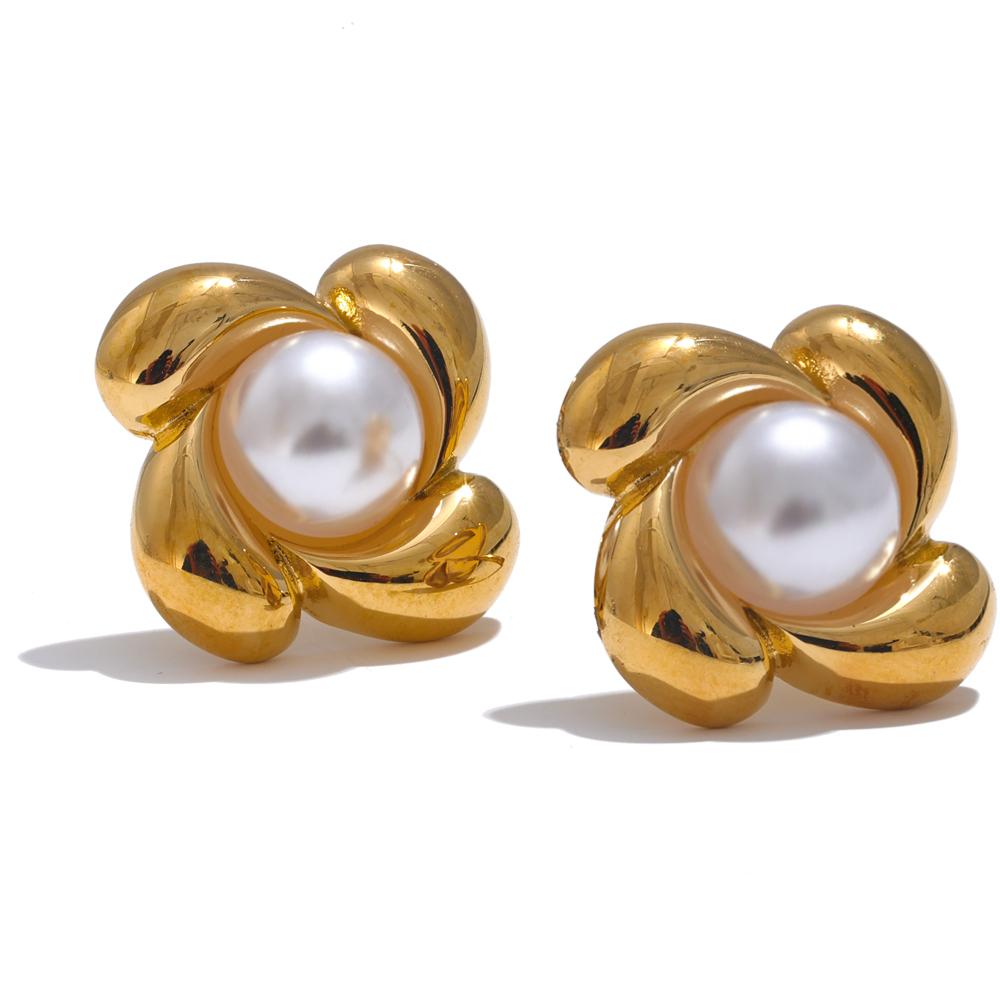 

Yhpup Stylish Imitation Pearls Metal Flower Stud Earrings Charm Stainless Steel Rust Proof Versatile Daily Jewelry Accessories