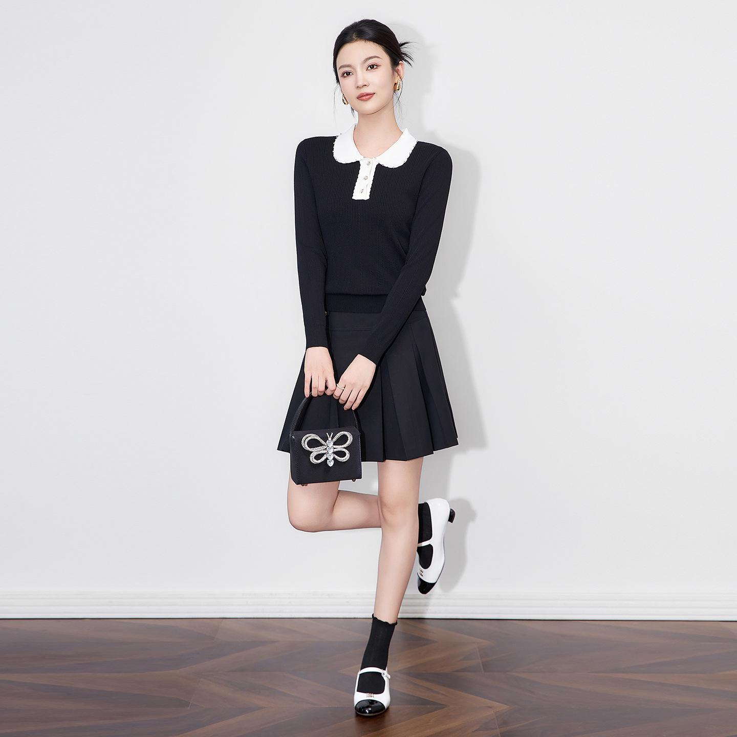 

Women s French Style Color Block Cable Knit Sweater with Peter Pan Collar - Early Autumn Fashion XL чёрный