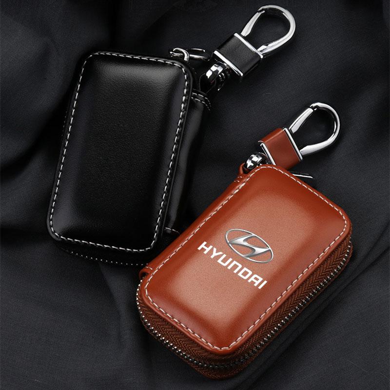 1Pcs Leather Emblem Car Key Case Keychain Zipper Key Case Bag For Hyundai Tucson 2021 Accent I10 I20 Kona Getz Solaris I30 Creta