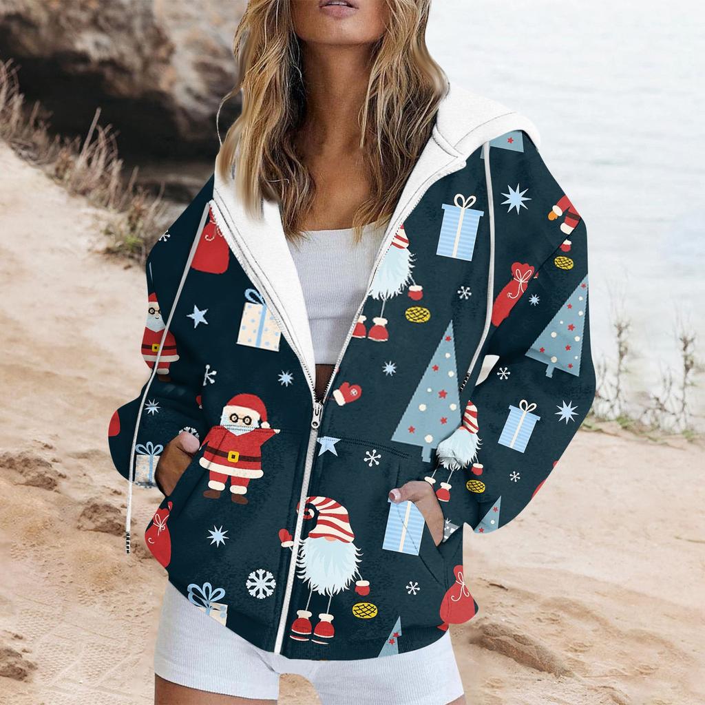 Women's Fashion Casual Christmas Print Long Sleeve Sweatshirt Pocket Jacket Zipper Hoodie Coat