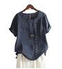 2025 Summer Retro Plus Size Casual Loose Cotton Linen Button Short Sleeve Pullover T-Shirt for Women