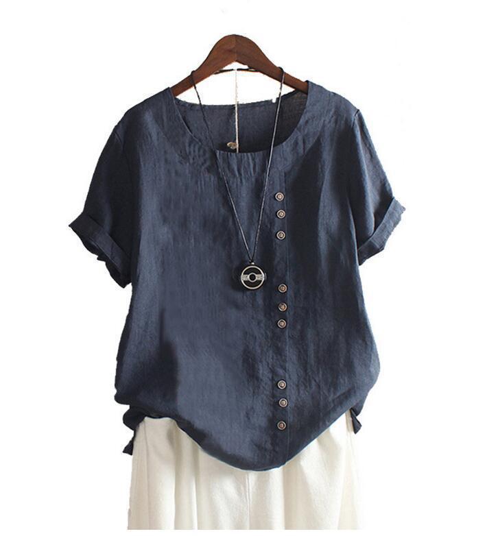 2025 Summer Retro Plus Size Casual Loose Cotton Linen Button Short Sleeve Pullover T-Shirt for Women