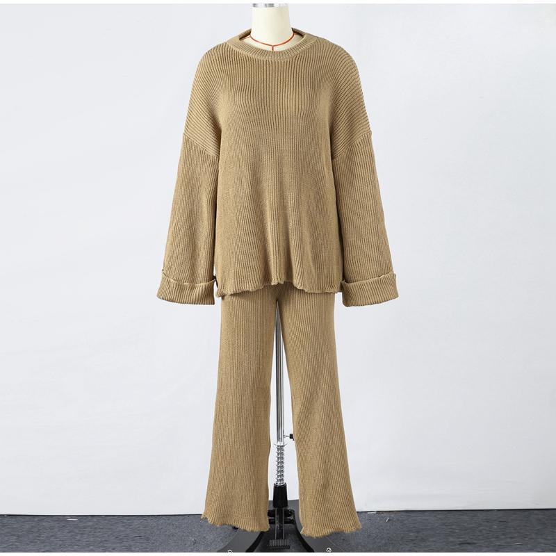 

Женский повседневный однотонный вязаный свитер из двух частей, комплект из осенне-зимнего толстого свободного свитера с круглым вырезом и широкими брюками, подходящие комплекты S хаки
