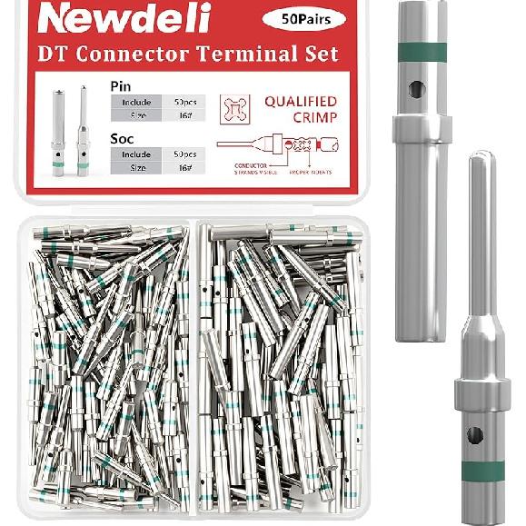 Newdeli 50 Pairs Deutsch Pin Connector Kit Size 16 Solid Contacts DT Series Connector, Common Contacts Automotive Terminals, Ni Plating Pin And