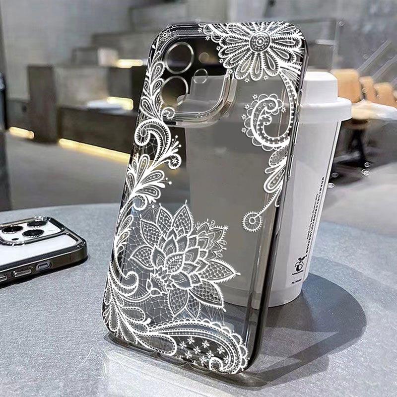 Trendy Black Lace Flower Pattern Phone Case For iPhone 17 16 15 14 Pro 17 Air 13 12 11 Max Mini 7 8 Plus XR XS Soft Clear Cover