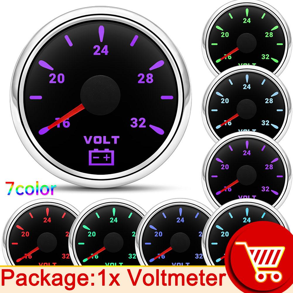 52mm Voltmeter 24V Electrical Car Truck Boat 16-32V with 7 Color Backlight 12V 24V for Car Boat Motorcycle Waterproof Volt Gauge