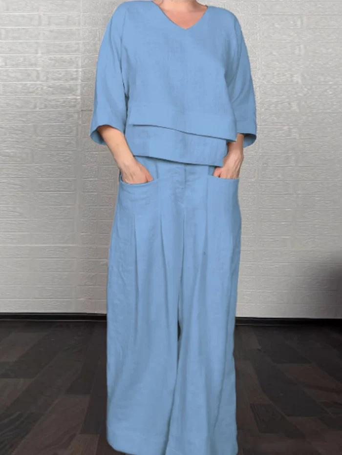 Women's V-Neck 3/4 Sleeve Top with Wide Leg Pants Set, Casual Loose Fit Outfit, Pocket Details