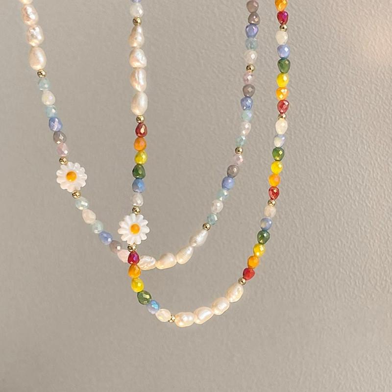 iF ME Colorful Artificial Pearls Daisy Necklace for Women Adjustable Summer Feeling Necklaces Accessories Gift
