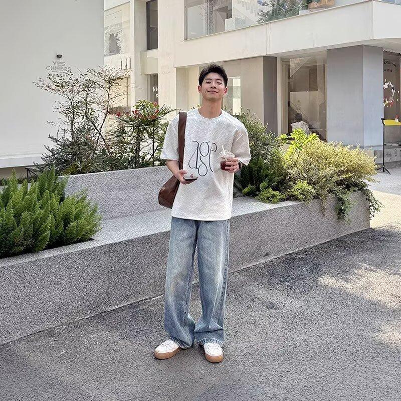 American-style Wash Blue Straight Loose Jeans for Men's New Style of Long Pants Casual and Versatile Simple