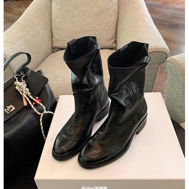 

[Sheei Su Yinyin] Burke Highway~ Washed Horse Pattern V-mouth Western Boots Thick Heel Short Boots Women s Desert Boots 35