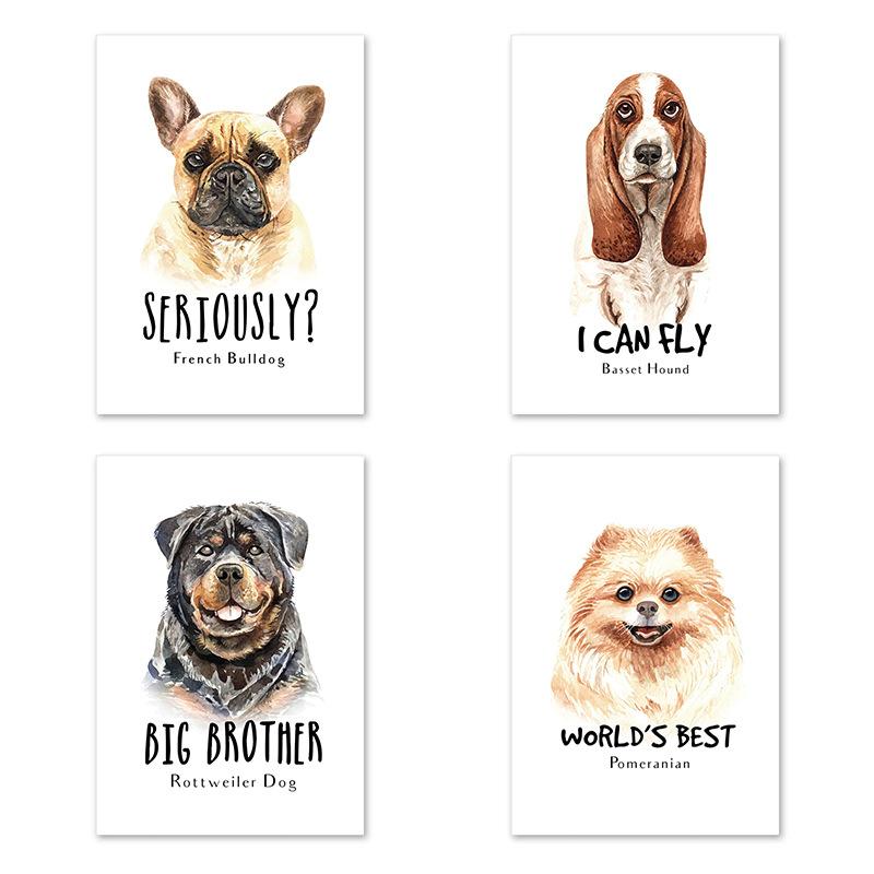 Nordic Simple Cute Dog Basset Hound Rottweiler Pomeranian French Bulldog Text Mural Living Room Sofa Wall Decoration Frameless