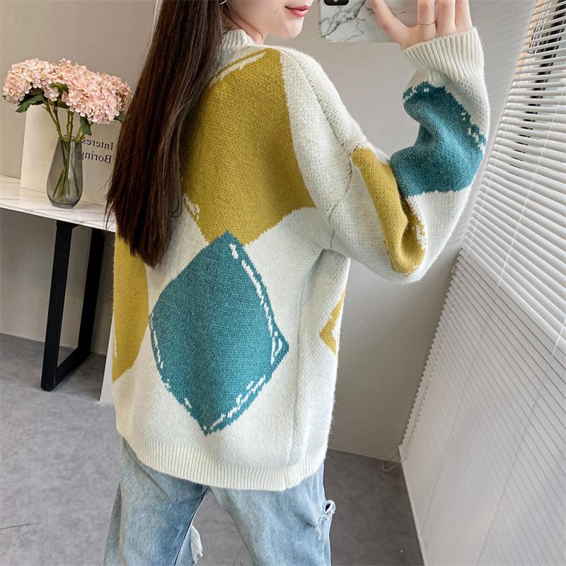 Pull Vintage surdimensionné à col rond Argyle pour femme, pull ample à manches longues, mode coréenne, automne
