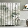 Classic Asian-inspired shower curtain with watercolor design featuring pagodas, cherry blossoms, and nature perfect for a spa-li